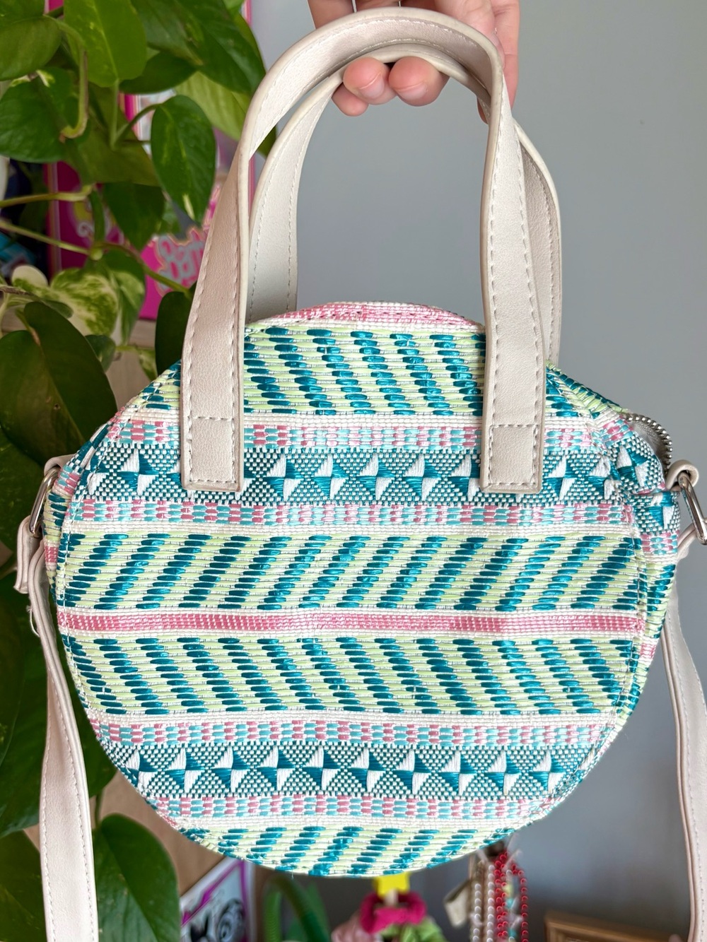 Unique Round Woven Colorful Crossbody Bag in Teal, Cream & Pink